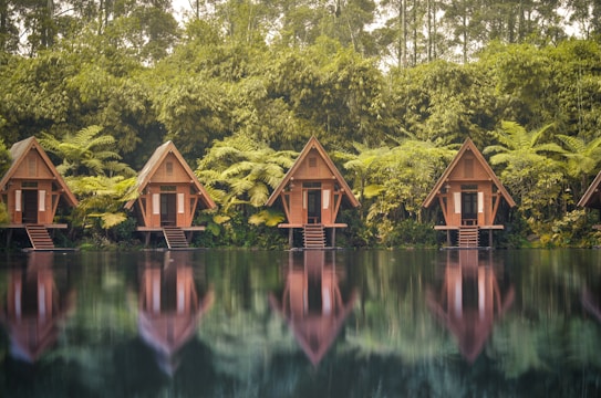 A row of wooden A-frame cabins is nestled among lush greenery and tall trees. Each cabin stands on stilts above a serene body of water, with clear reflections visible on the surface. The scene is surrounded by dense vegetation, including large ferns and bamboo, creating a tranquil and secluded atmosphere.
