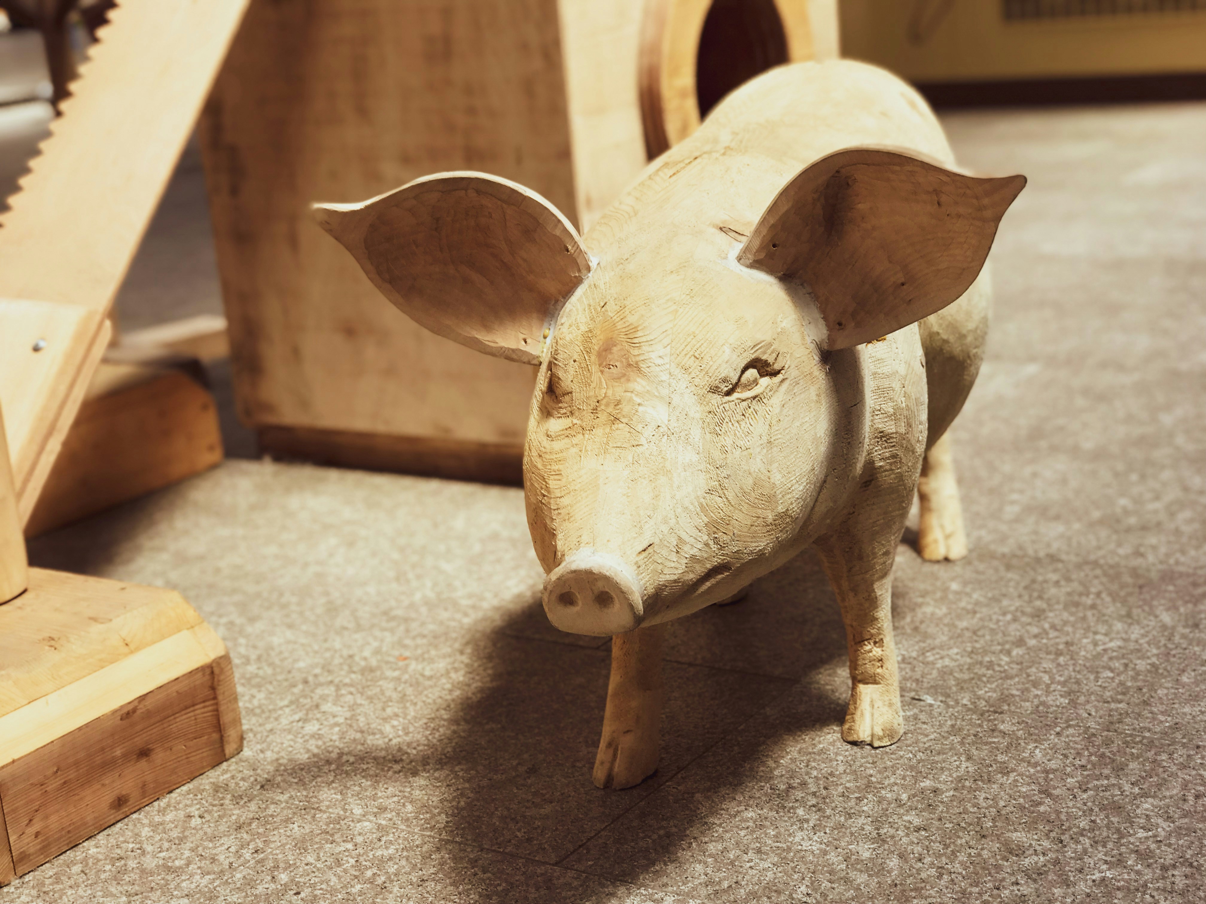 estatueta cor-de-rosa do porco na mesa de madeira marrom