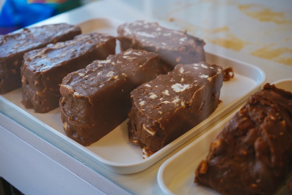 Chocolate cake on white plastic container
