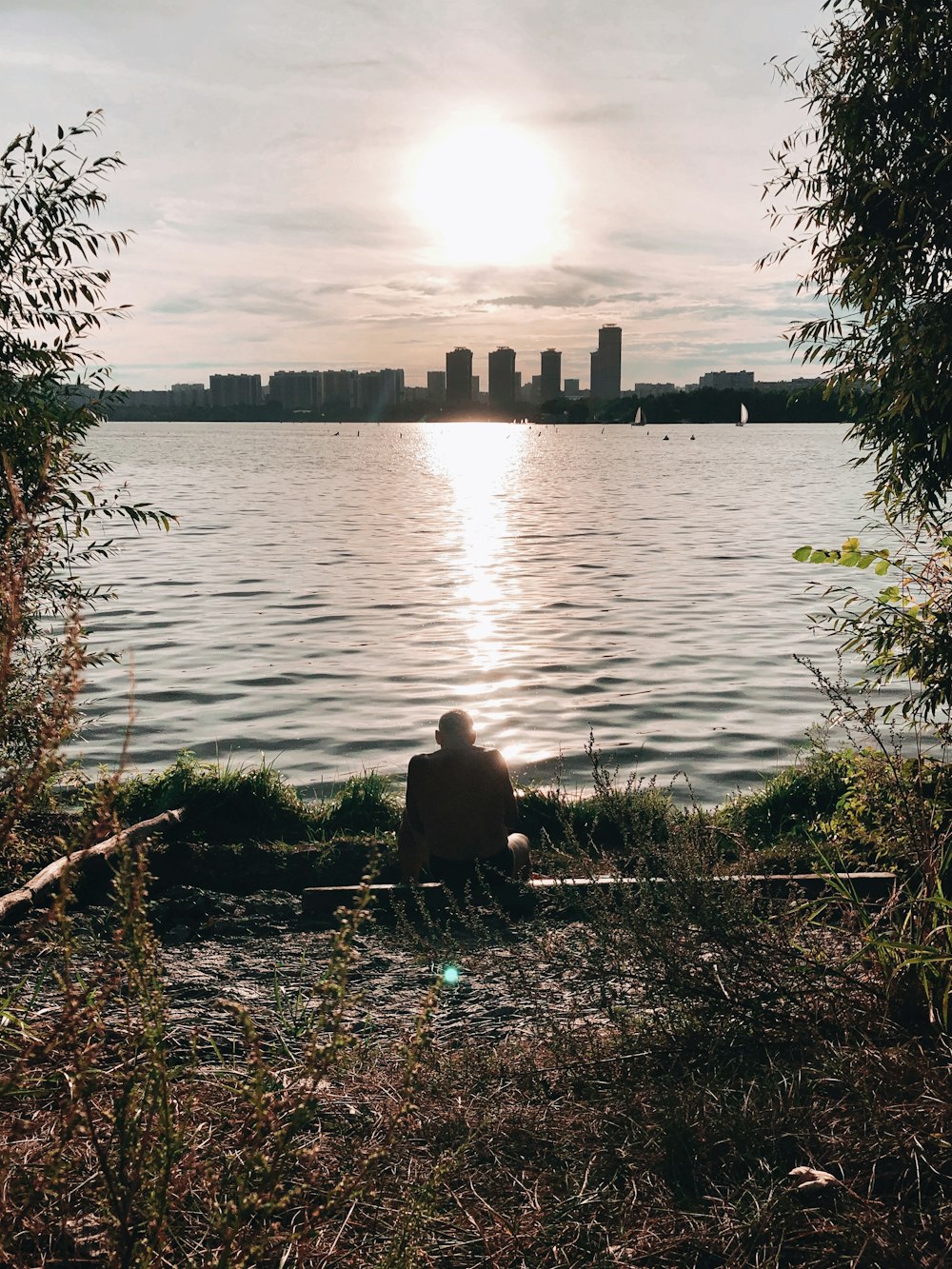 person sitting on green grass near body of water during daytime