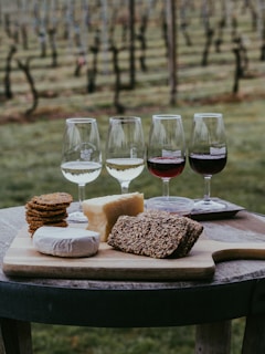 A wooden table holds a selection of cheeses and crackers on a cutting board, accompanied by four glasses filled with different types of wine. In the background, rows of grapevines stretch across a vineyard, indicating a serene, rural setting.