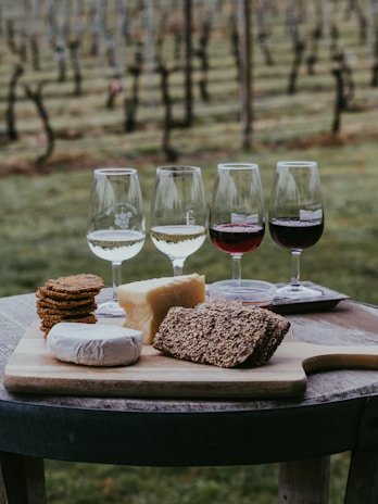 A wooden table holds a selection of cheeses and crackers on a cutting board, accompanied by four glasses filled with different types of wine. In the background, rows of grapevines stretch across a vineyard, indicating a serene, rural setting.