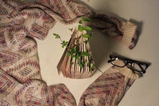 A cozy scene of a person reading a sprout and leaf activity book surrounded by green plants and soft natural light.