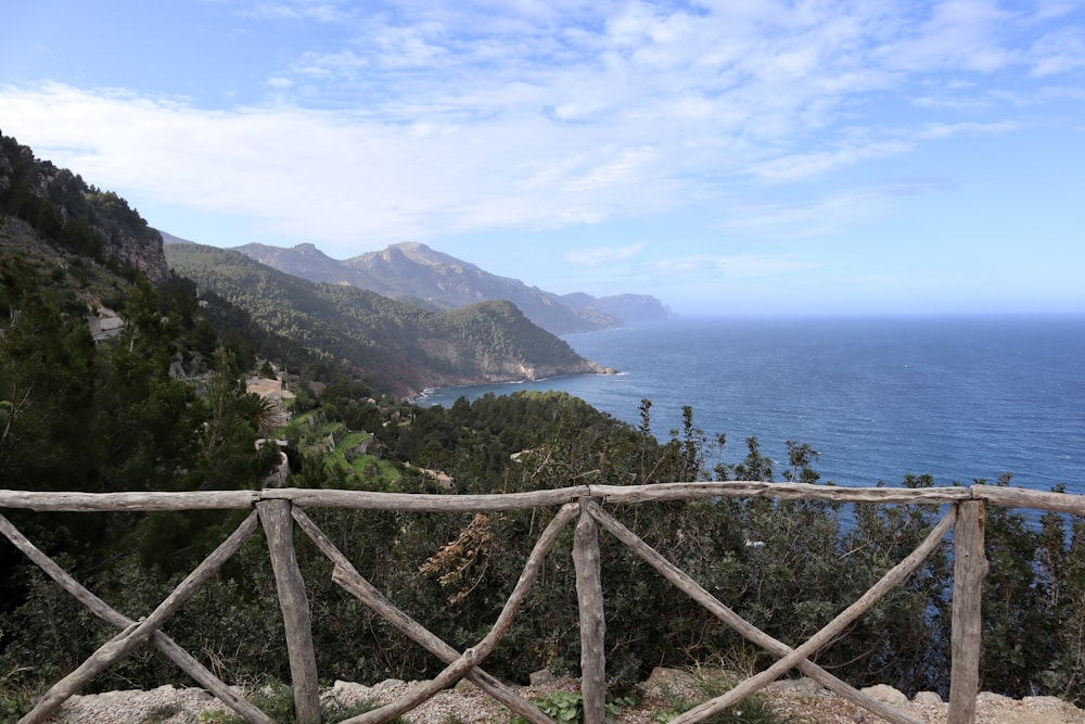 brown wooden fence on green grass field near body of water during daytime