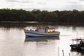 A small, wooden fishing boat with a vibrant yellow and white color scheme travels across a calm river. It is surrounded by lush greenery on the riverbank, indicating a serene, natural setting. A couple of people can be seen on the boat, enjoying the tranquil scene.