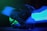 A motorcycle helmet is placed against a dark backdrop with vibrant blue and green light streaks creating an ethereal effect. The helmet is sleek with a glossy finish, and its patterns are highlighted by the neon lights.