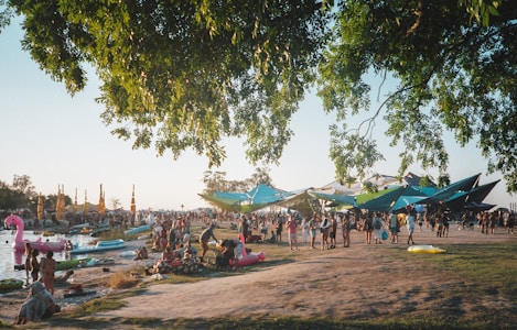 A vibrant outdoor scene featuring a lively crowd enjoying a festival near the water. Large, colorful shade structures provide shelter, and various inflatables are present in the water, including a pink flamingo float. People are walking, sitting, and relaxing on the grass, with lush green trees in the foreground.
