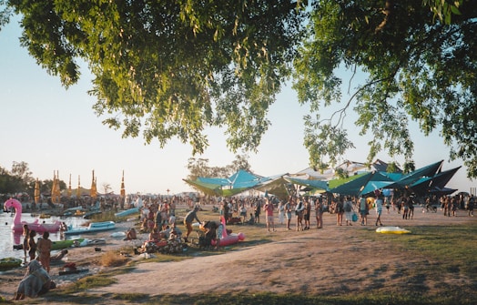 A vibrant outdoor scene featuring a lively crowd enjoying a festival near the water. Large, colorful shade structures provide shelter, and various inflatables are present in the water, including a pink flamingo float. People are walking, sitting, and relaxing on the grass, with lush green trees in the foreground.