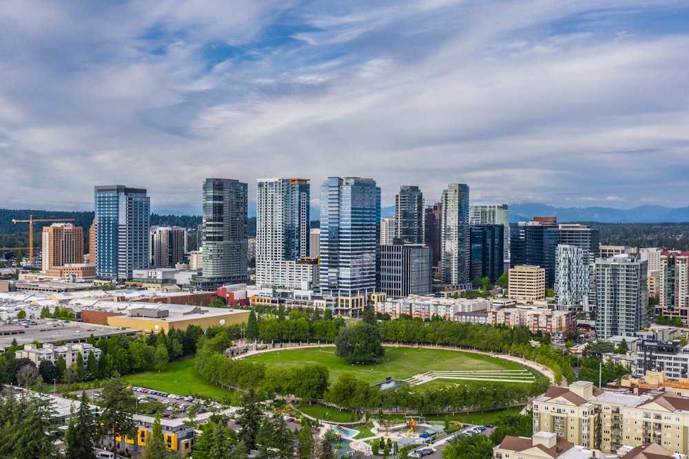 high rise buildings near green trees under white clouds during daytime