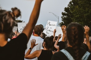A group of people gathered outdoors, holding up signs and raising their hands. The signs contain messages about social issues, with one prominently displaying 'Racism is a Pandemic too.' The crowd appears engaged in a protest or demonstration. Trees and a street lamp are visible in the background, suggesting an urban setting.
