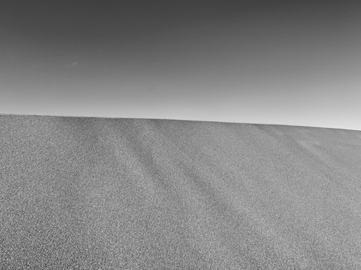 grayscale photo of desert under gray sky