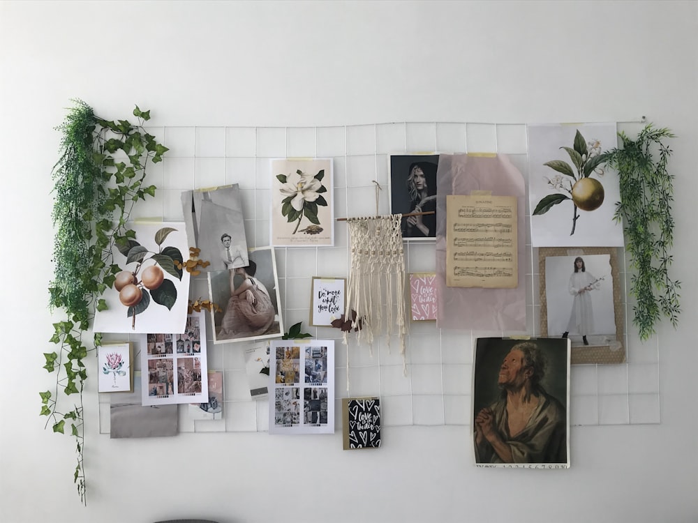 white wall with photos and photos