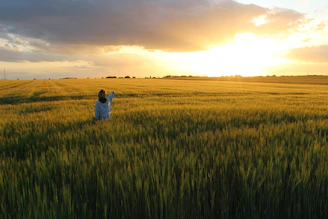 Smiling farmer standing proudly in his wheat field at sunset