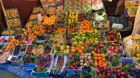 Fresh fruits and vegetables displayed at a local market stall in Angra dos Reis.