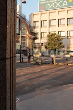 A friendly technician installing a corporate sign on a storefront in a sunny urban setting