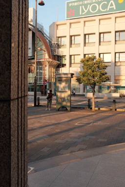 A friendly technician installing a corporate sign on a storefront in a sunny urban setting