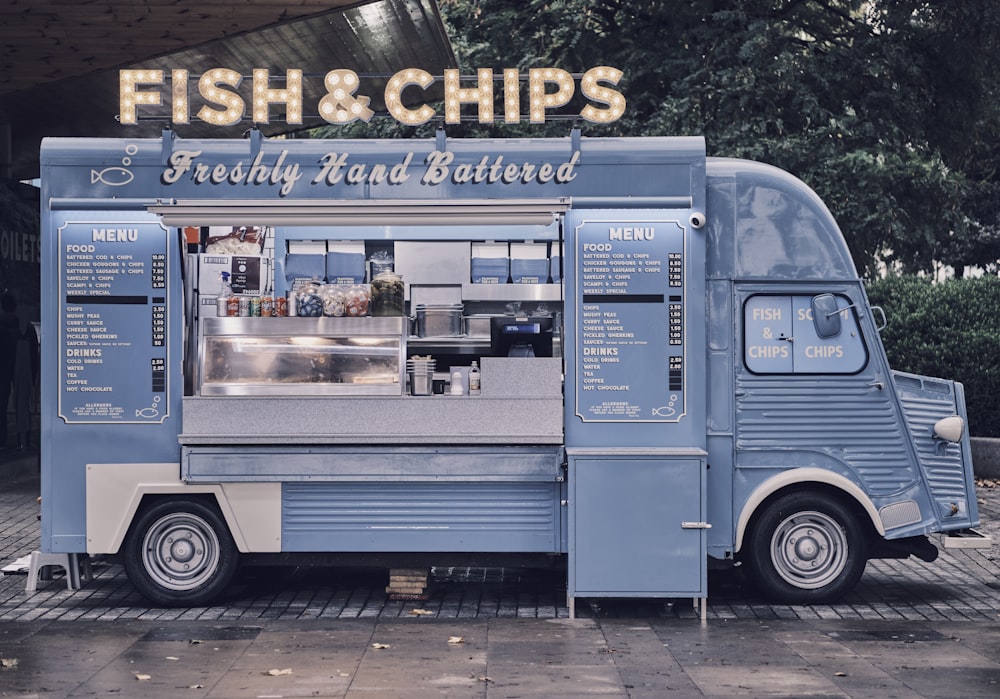 blue and white food truck