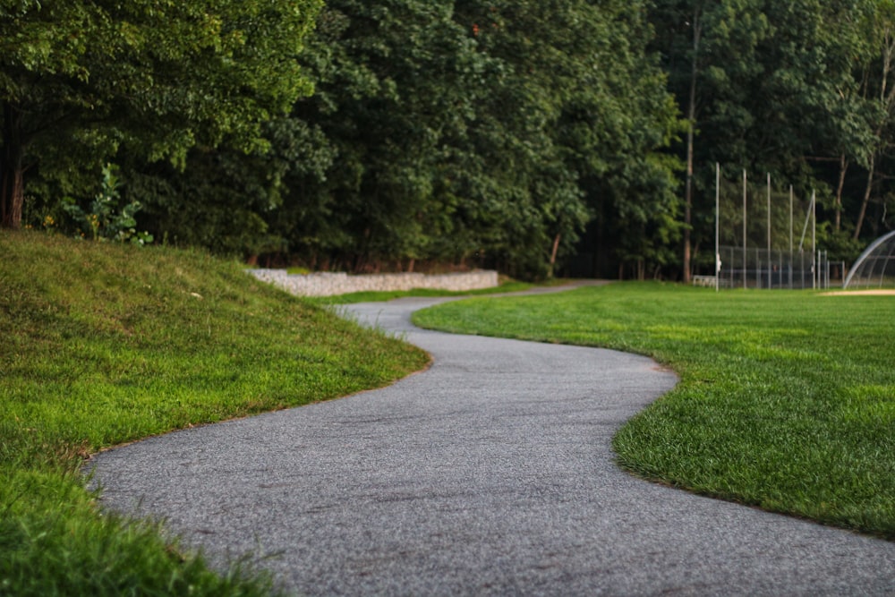 gray concrete pathway between green grass field