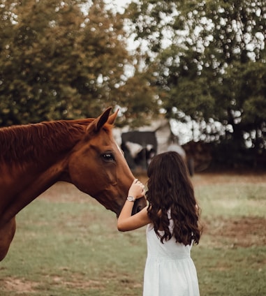 A girl with long, dark hair wearing a white dress stands closely facing a brown horse. She gently touches the horse's face, creating an intimate moment between them. The background is composed of greenery with blurred trees and the faint outline of a structure, suggesting a rural setting.