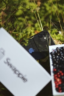 A smartphone with a visible Apple logo is placed on grass, accompanied by a blurred 'Swapc...etc' card and a box of red and black beads in the foreground.