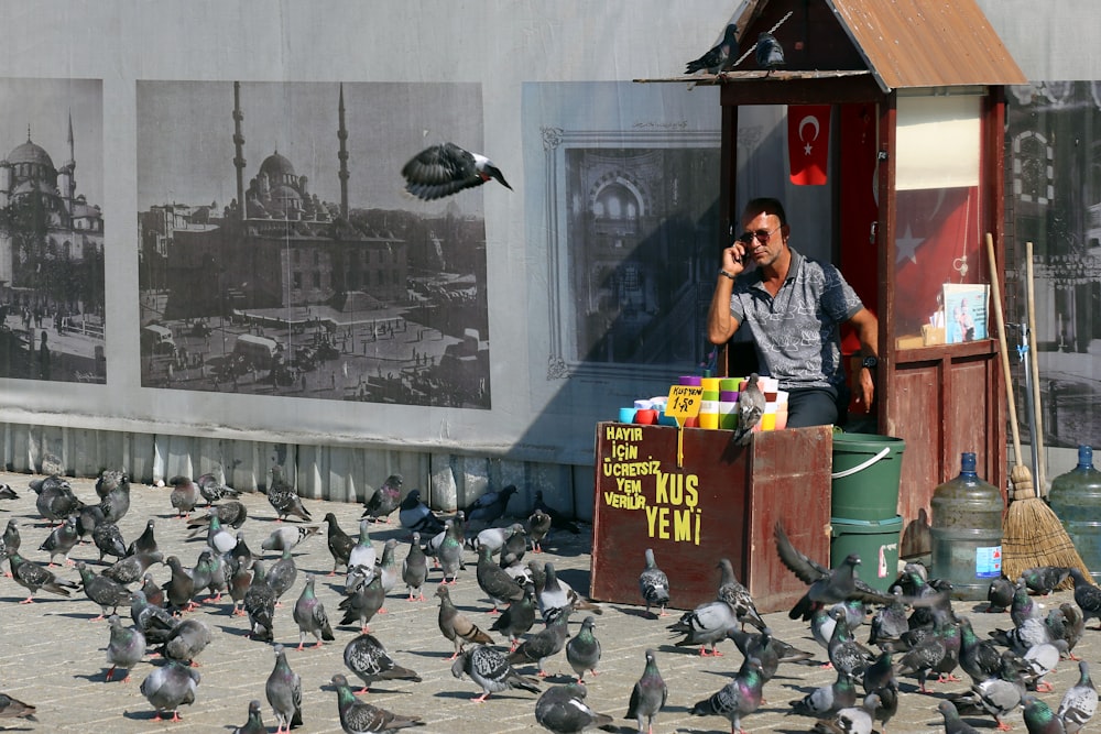 man in black leather jacket standing beside flock of birds