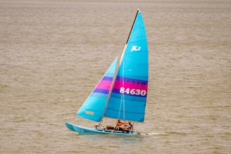 man in black shirt riding on blue and white sail boat on sea during daytime