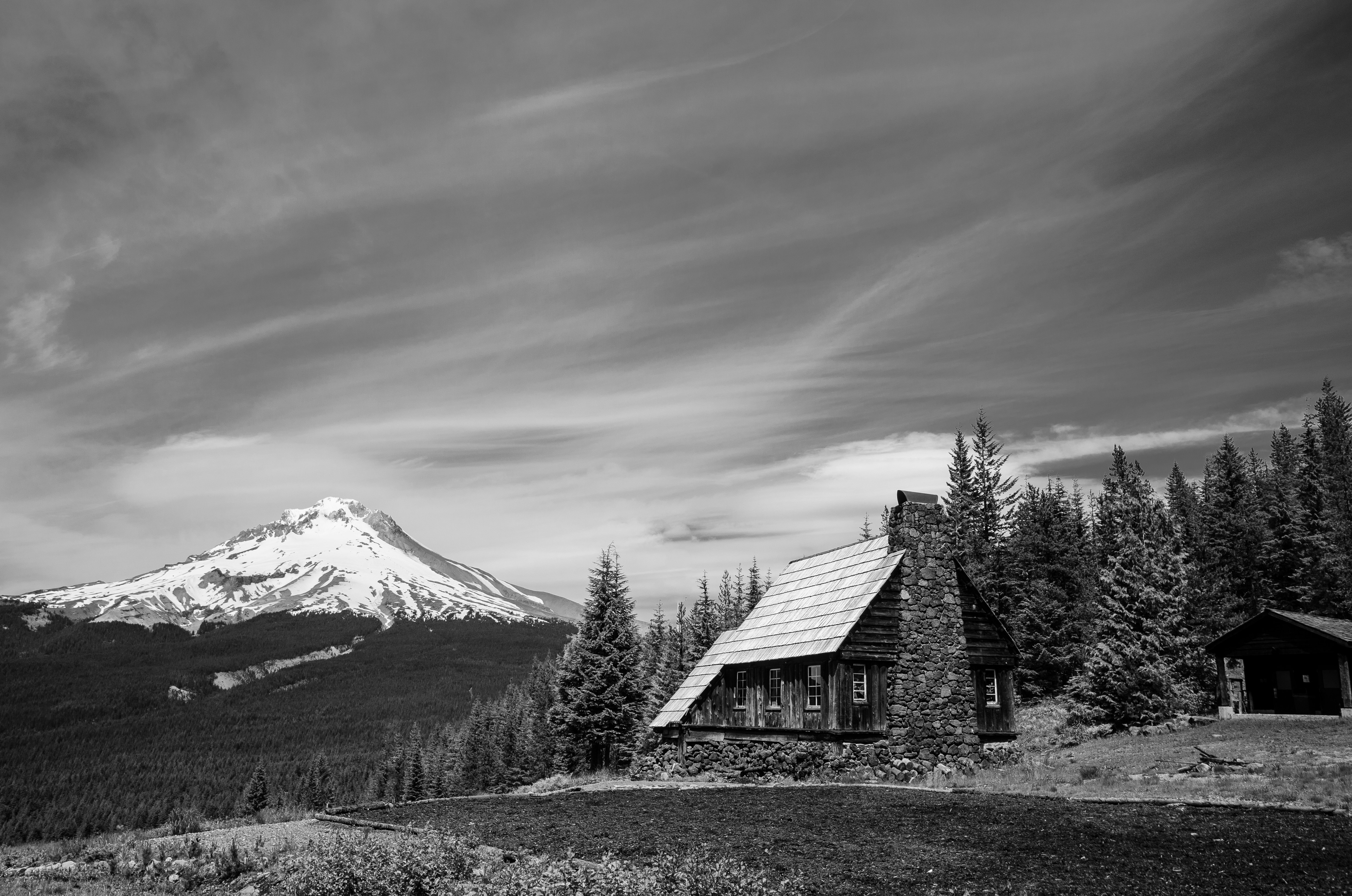 grayscale photo of house near trees and mountain
