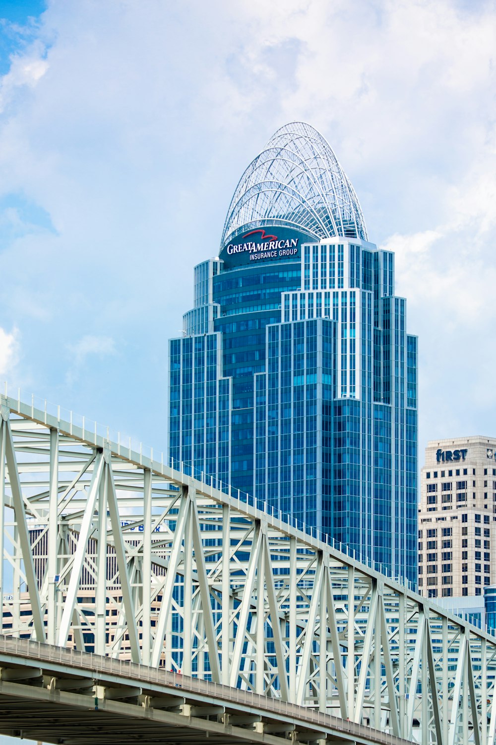 white metal bridge across city buildings during daytime