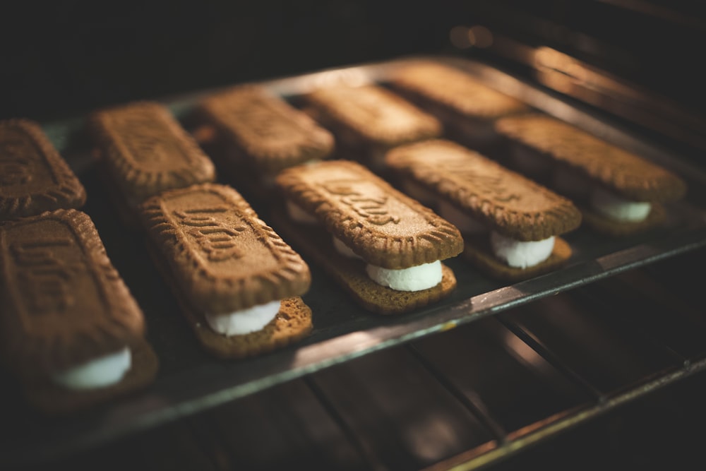 chocolate cookies on stainless steel tray