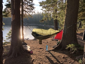 a hammock tent connected to two trees near a lake