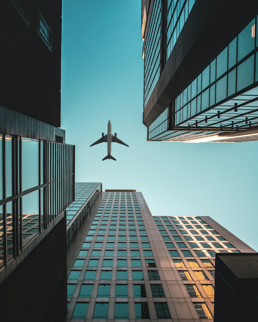 airplane flying over the building during daytime