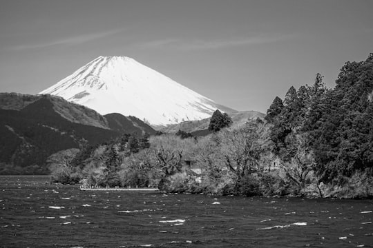 grayscale photo of trees and mountain in Hakone Japan