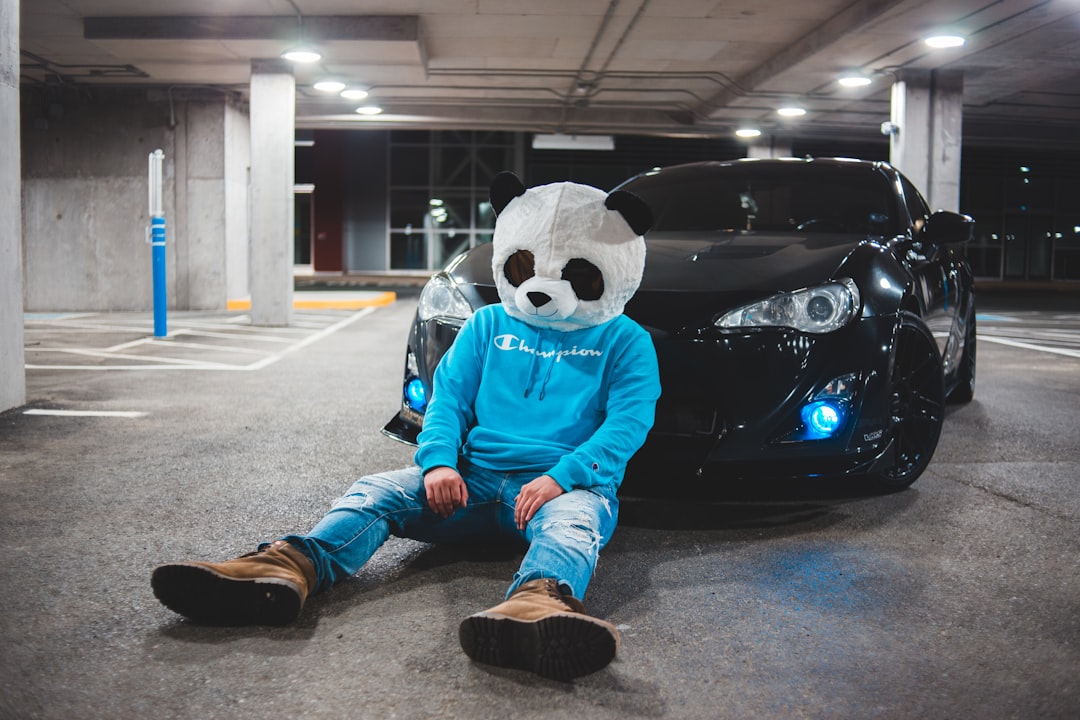person in blue and white panda costume sitting on black car during nighttime