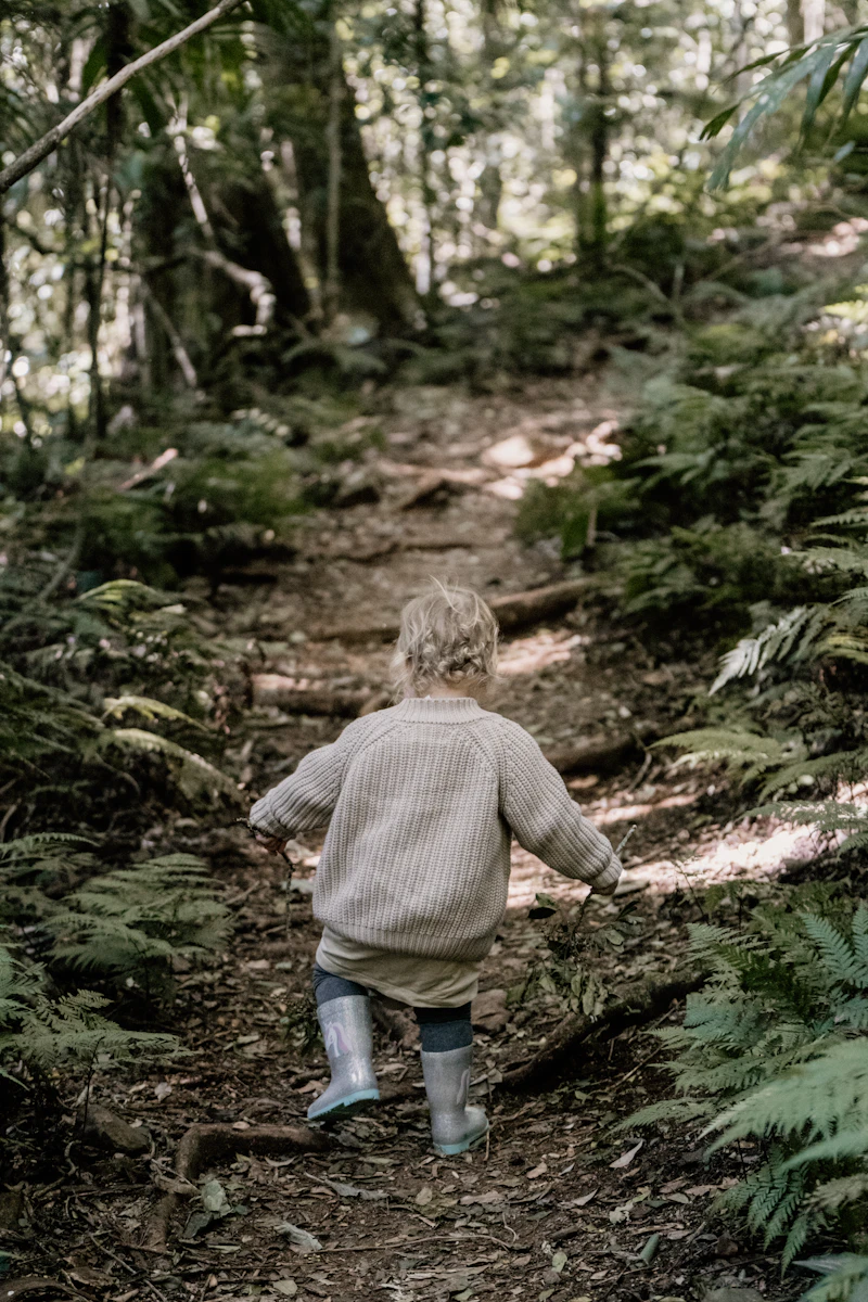 Young child in a knit sweater walking along a forest trail