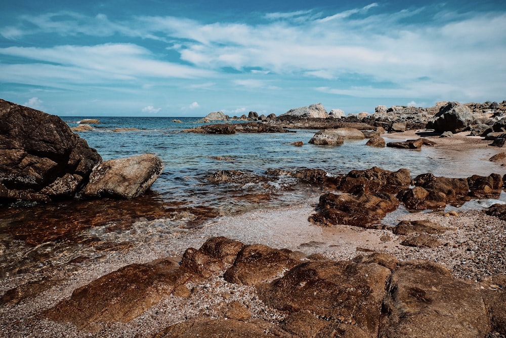 brown rocks on seashore under blue sky during daytime