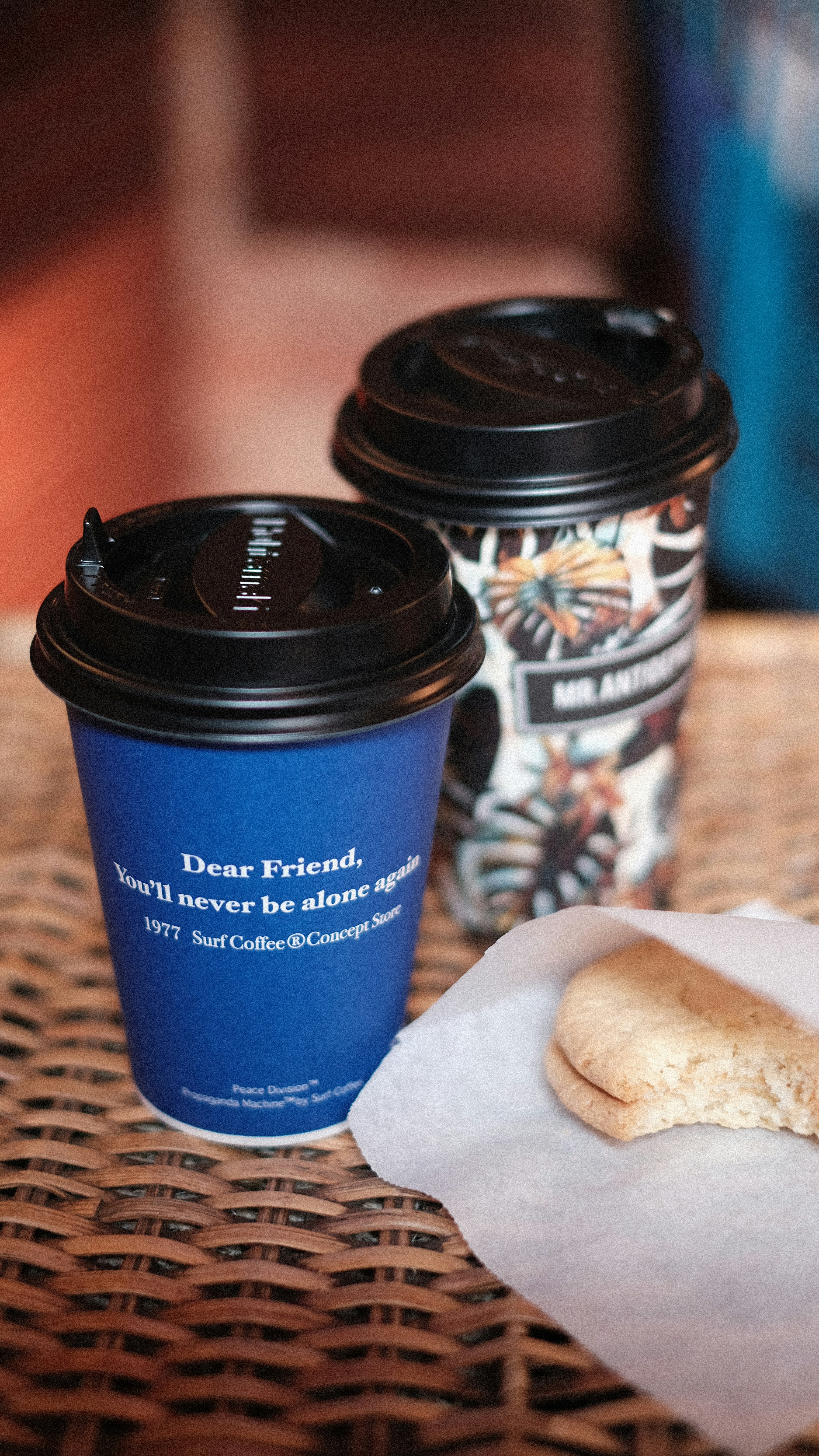 blue and black coffee cup