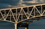 A large, sturdy bridge with complex lattice work and structural beams, showcasing its engineering design. The bridge has an industrial look, with overhead clouds creating a dramatic background.