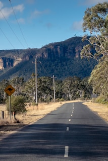 A two-lane road stretches into the distance flanked by dry grass and eucalyptus trees, with a clear view of a rocky escarpment in the background. The sky is bright, featuring a few scattered clouds. A road sign with a kangaroo symbol is visible on the left, indicating a wildlife crossing area. Power lines run parallel to the road.