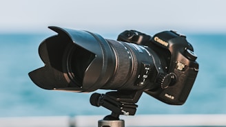 A Canon camera with a large telephoto lens is mounted on a tripod. The background is a blurred seascape, providing a serene contrast to the detailed camera equipment.