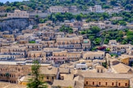 An expansive view of a hillside Italian village featuring densely packed stone buildings with clay-tiled roofs. Narrow streets weave through the architecture, surrounded by lush greenery and trees, especially on the upper slopes. The bright sunlight casts vibrant shadows, highlighting the historical and architectural details of the structures.