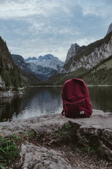 red and black backpack on rock near lake