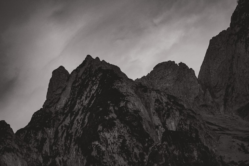 grayscale photo of rocky mountain