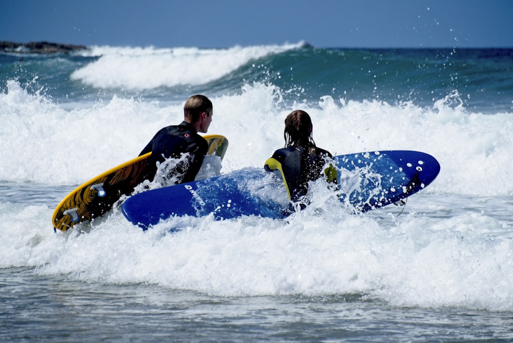 man in black and yellow wet suit riding blue and yellow surfboard on sea waves during