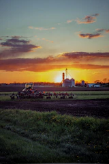 Tractor working on leveling soil on a rural farm with earth tones under golden afternoon light.