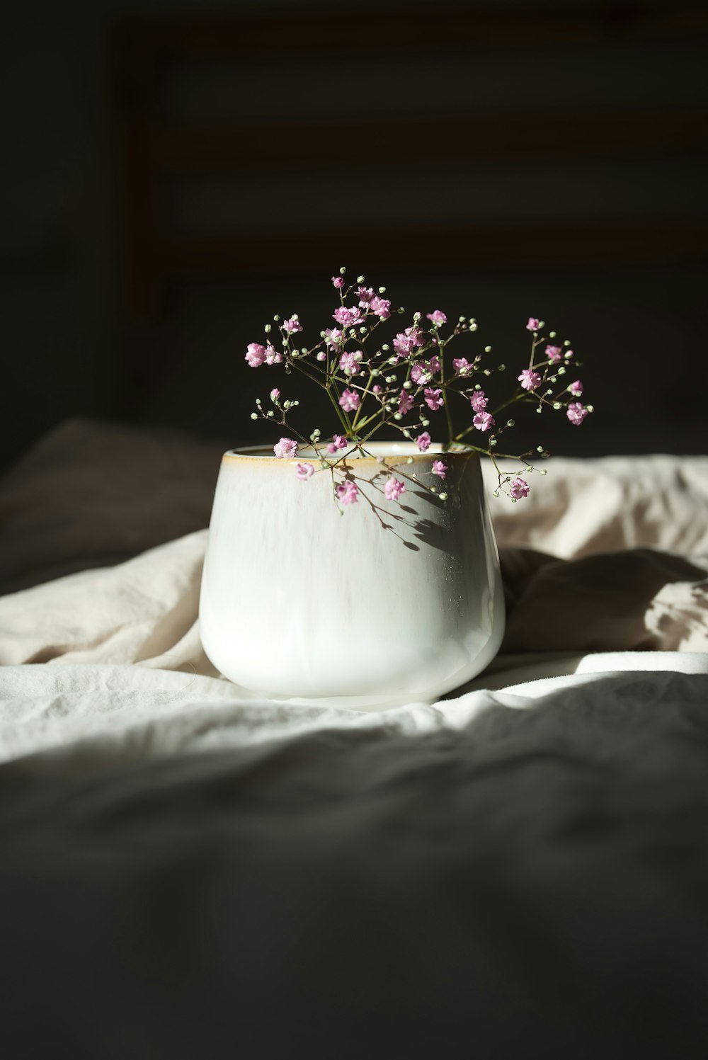 white flowers in white ceramic vase on white textile