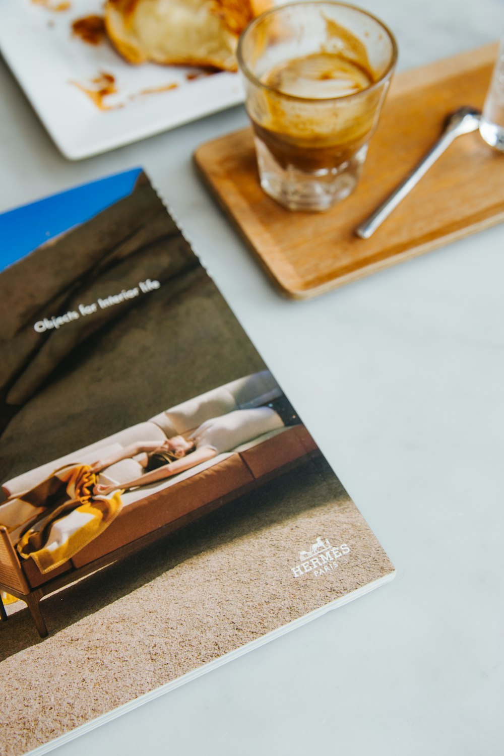 brown wooden tray on white table