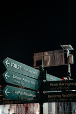 A series of directional signs mounted on a pole, displaying directions to various locations such as a toilet and local attractions. The signs are written in both English and a local language, illuminated against a nighttime background. The scene has a dark sky and artificial street lighting.