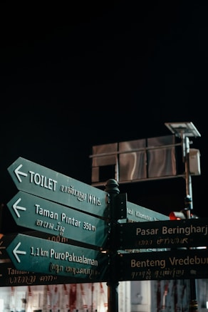 A series of directional signs mounted on a pole, displaying directions to various locations such as a toilet and local attractions. The signs are written in both English and a local language, illuminated against a nighttime background. The scene has a dark sky and artificial street lighting.