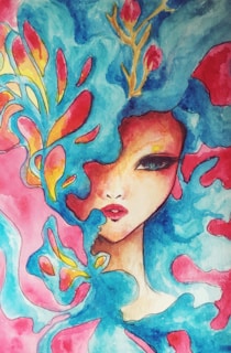 woman with blue and red hair painting
