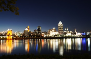 city skyline during night time